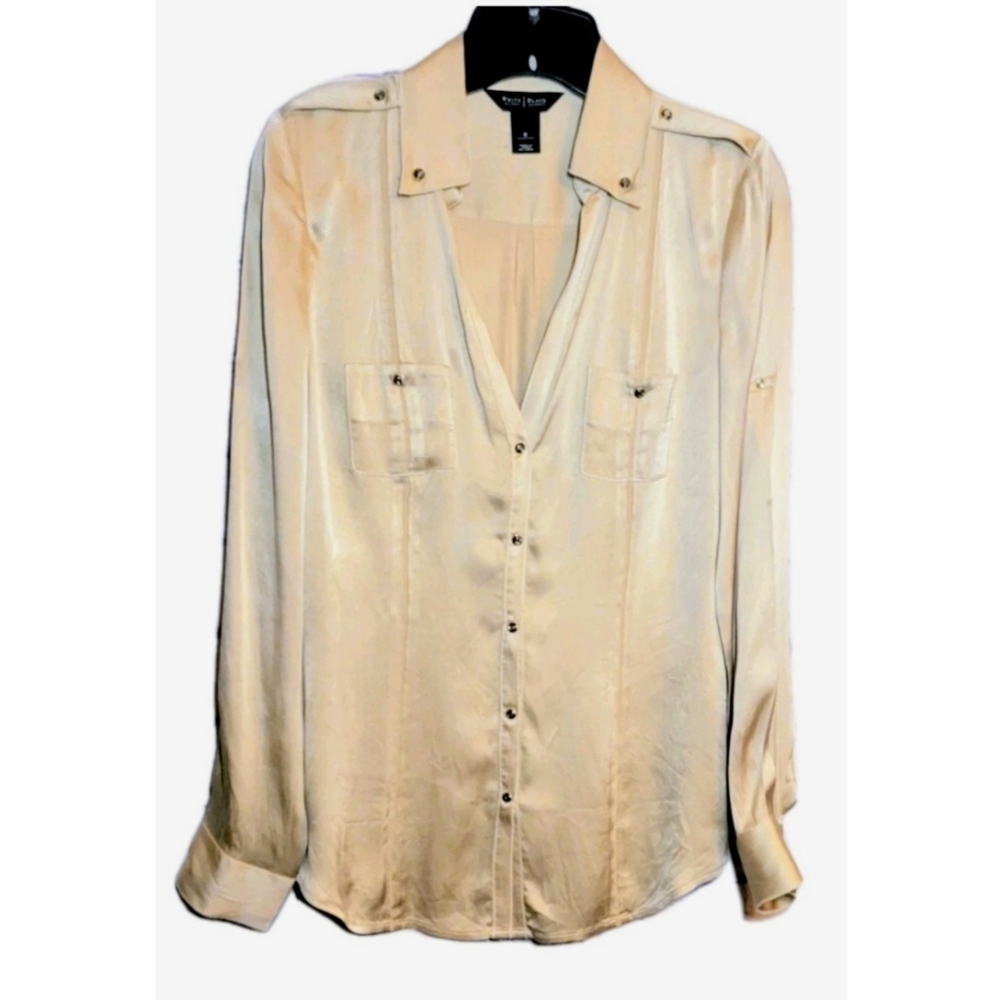 White House Black Market Silk Stretch Blouse Size 6 Champagne Snap Down Office